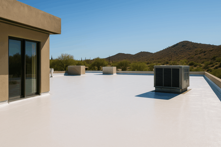 Flat roof with white reflective coating in desert setting with HVAC unit